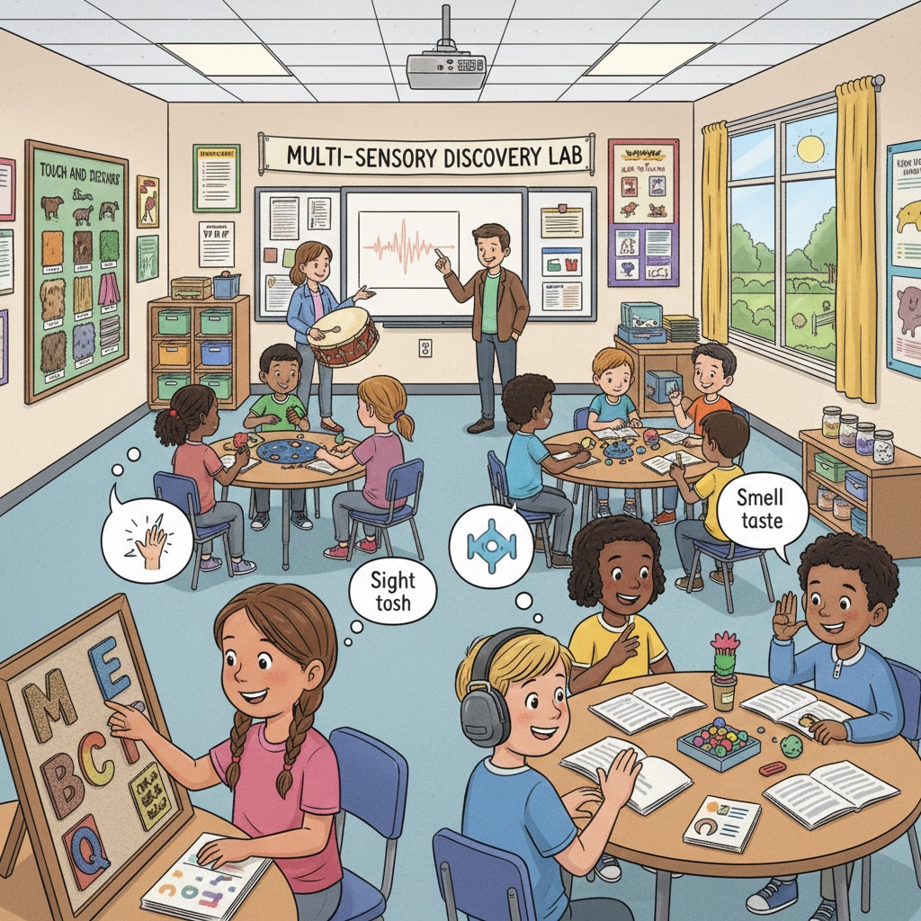 Classroom scene demonstrating multi-sensory teaching for learning困难学生