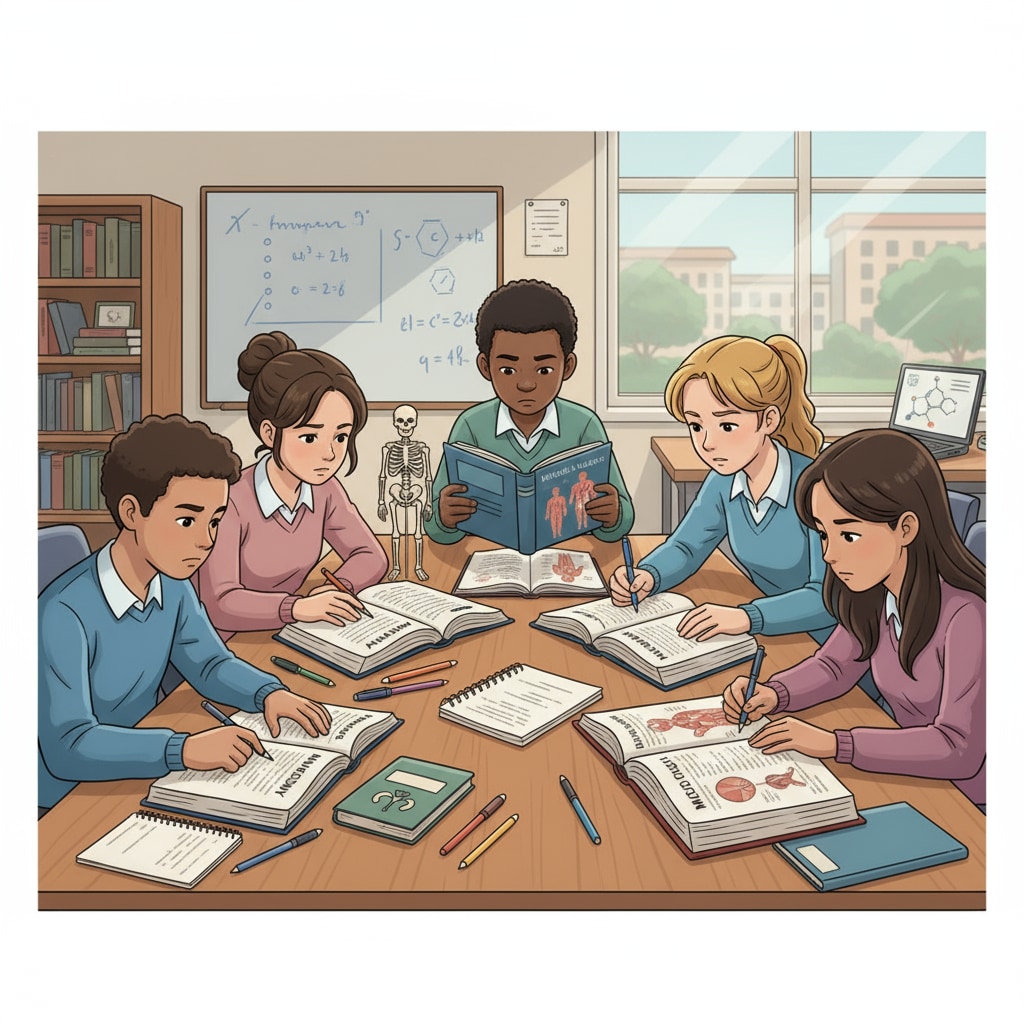 High school students studying medical textbooks to overcome knowledge gaps and anxiety in medical school preparation
