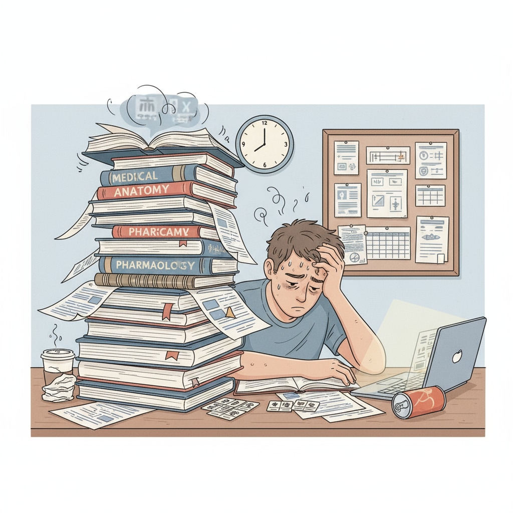 A stressed student studying medical materials due to learning anxiety in medical school preparation