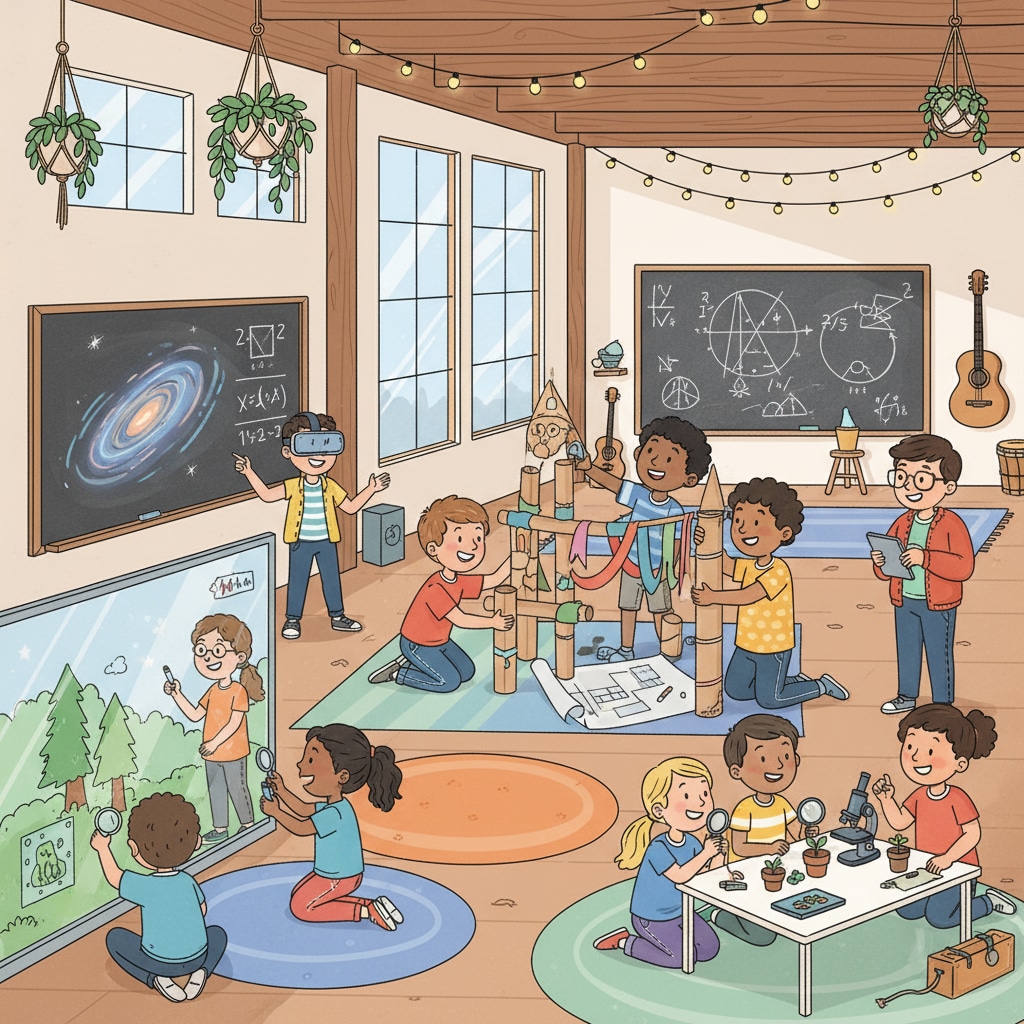 Children enjoying learning in an alternative educational setting related to educational choices, school trauma, homeschooling, and alternative education
