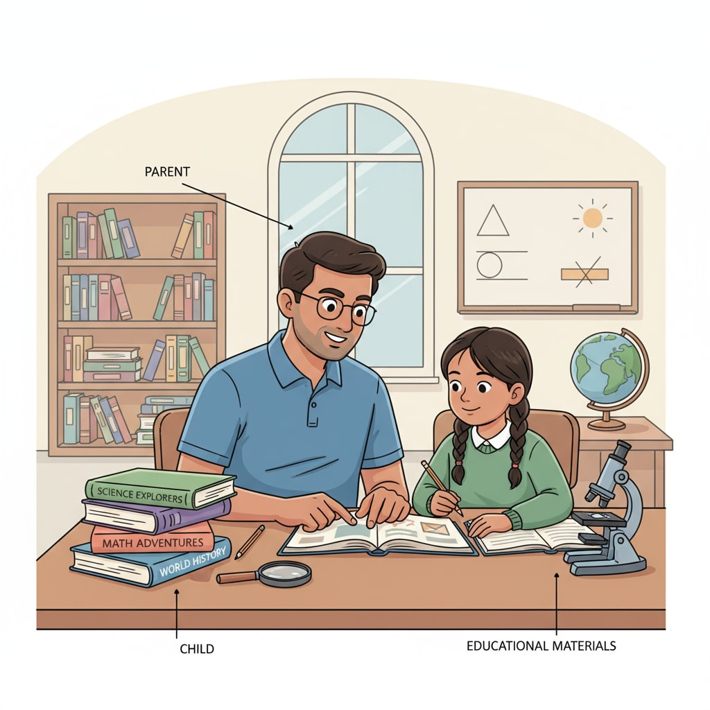 A parent - child pair engaged in family education through academic resources for teaching arrangements.