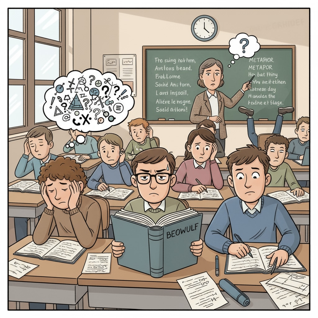 Students' confused expressions during English and literature class in ninth - grade, reflecting their concerns about the course changes