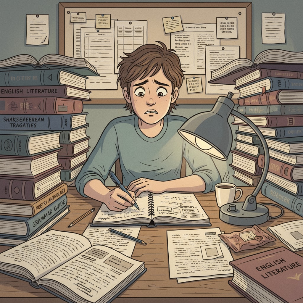 A ninth - grade student under stress due to the heavy workload of English and literature courses