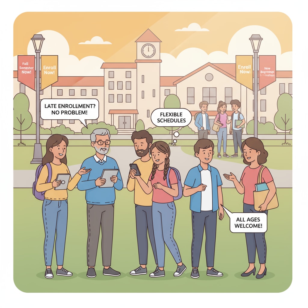 Students of different ages chatting on campus, representing the situation of late university enrollment, age anxiety, and time loss.