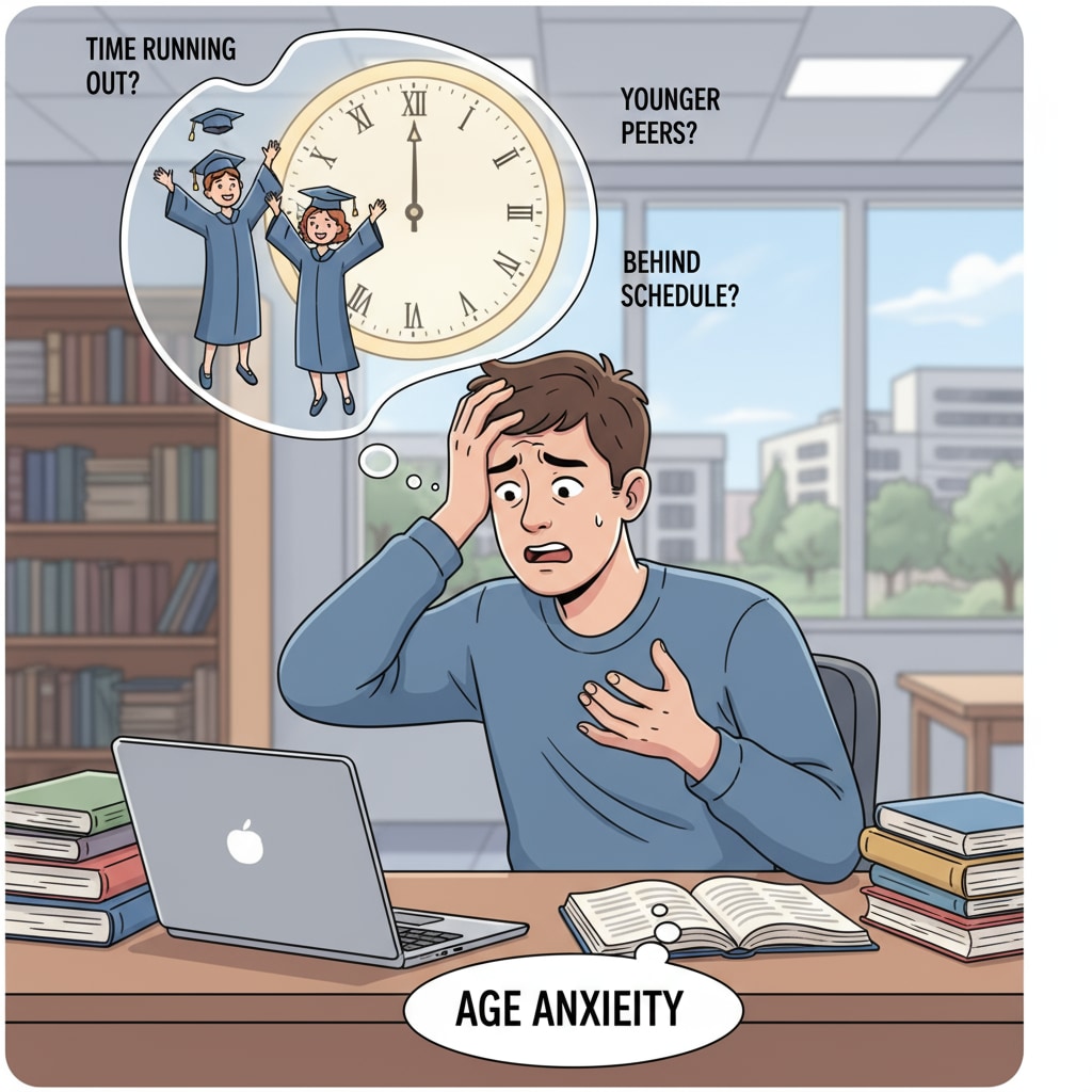A worried student at a desk, reflecting age anxiety and time loss concerns in late university enrollment.
