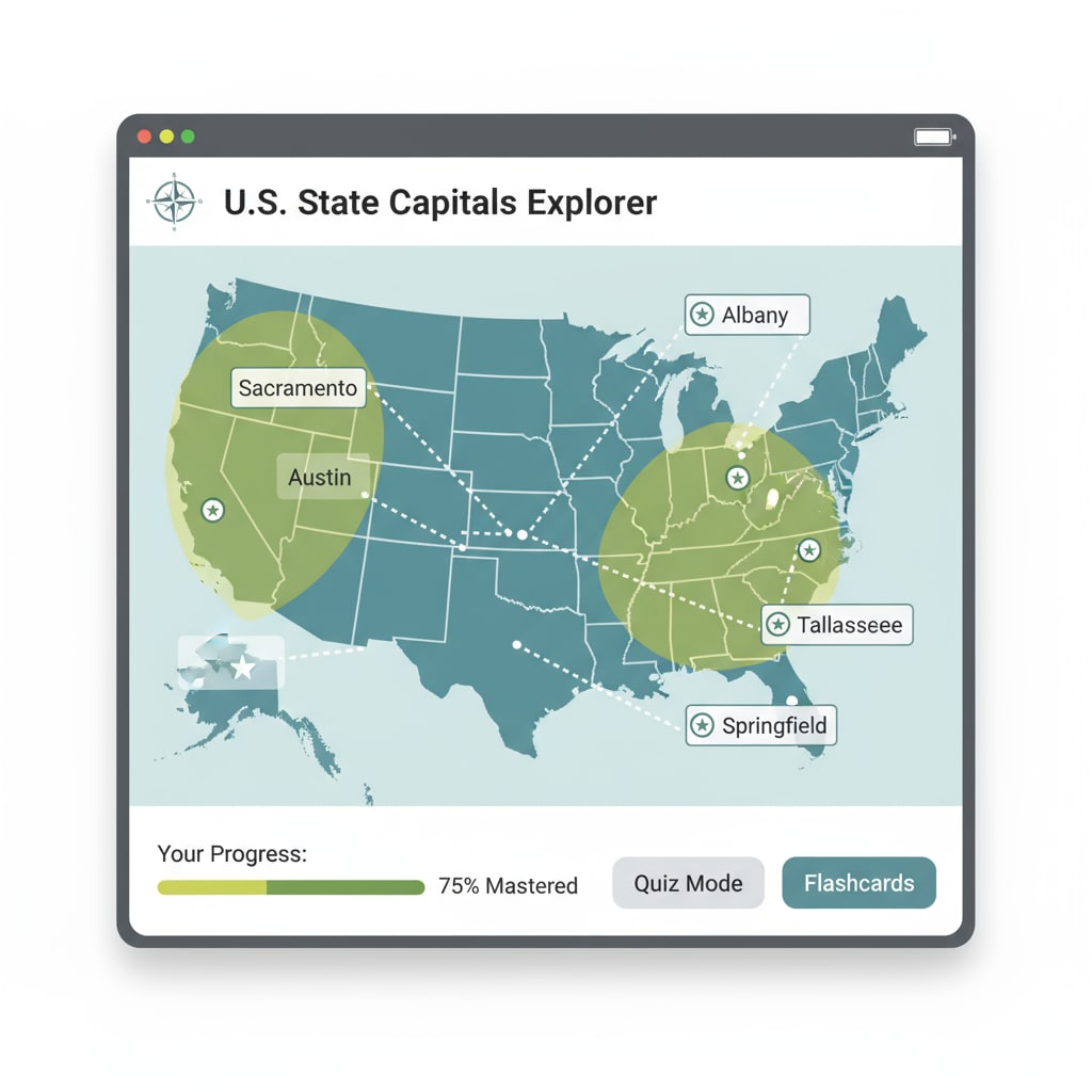A screenshot of a state capital learning app for geographic education