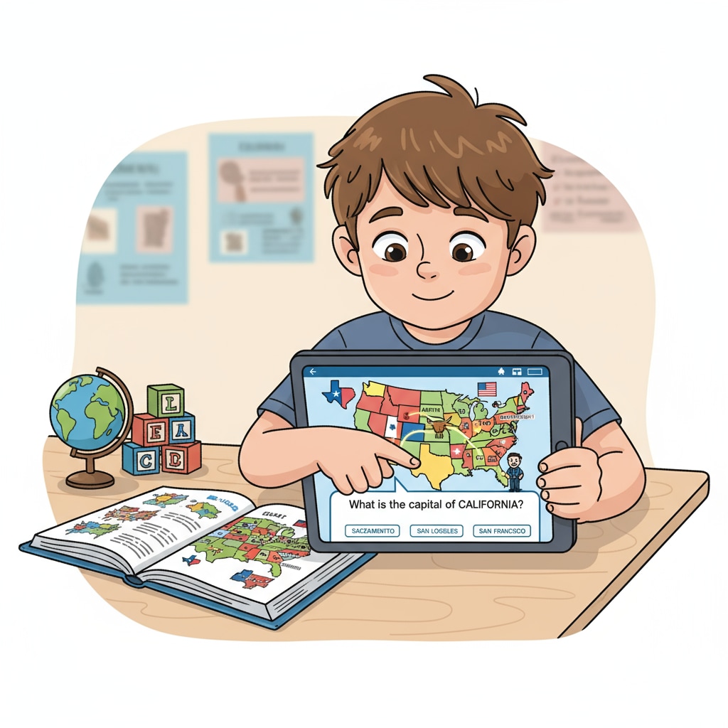 A child engaged in learning state capitals with a tablet app