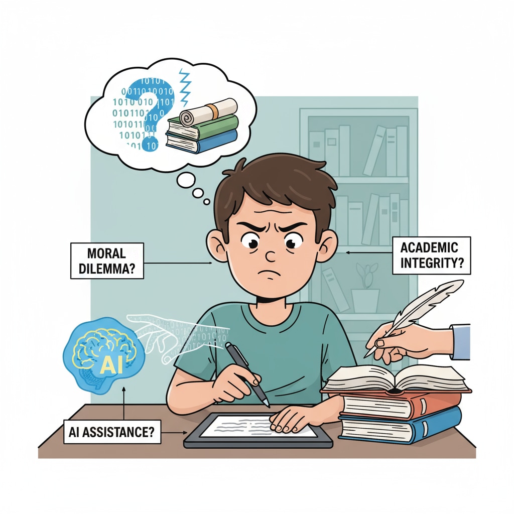 A confused student deciding about using AI for a writing assignment, linked to student writing authenticity and educational goals