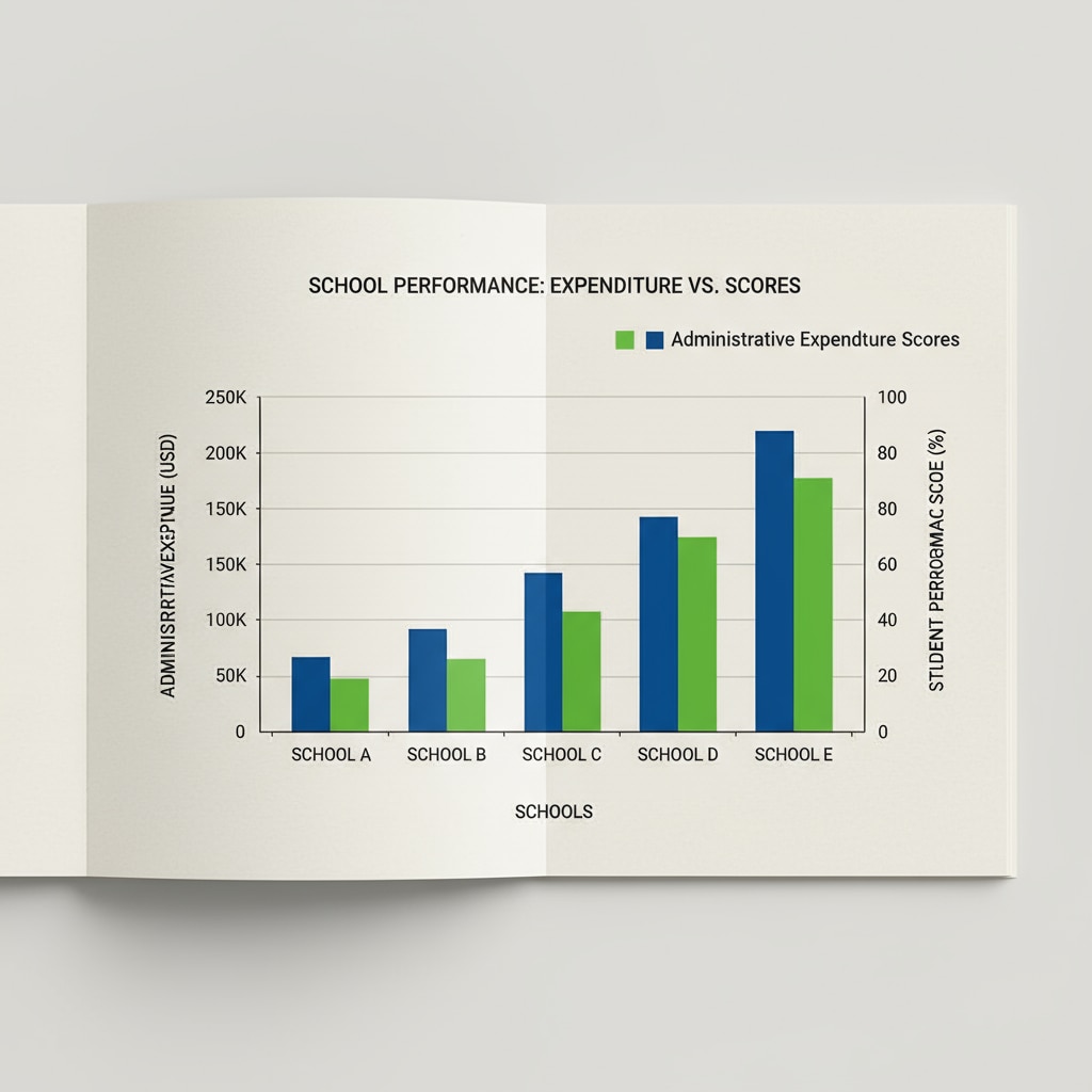 A bar graph depicting the relationship between administrative expenditure and student performance scores in various schools.