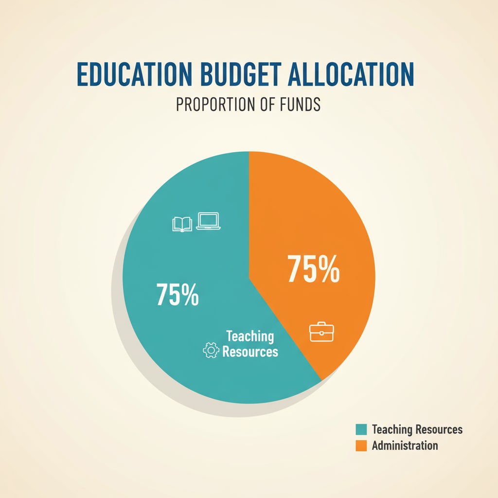 A pie chart presenting the distribution of education budget between administration and teaching resources.