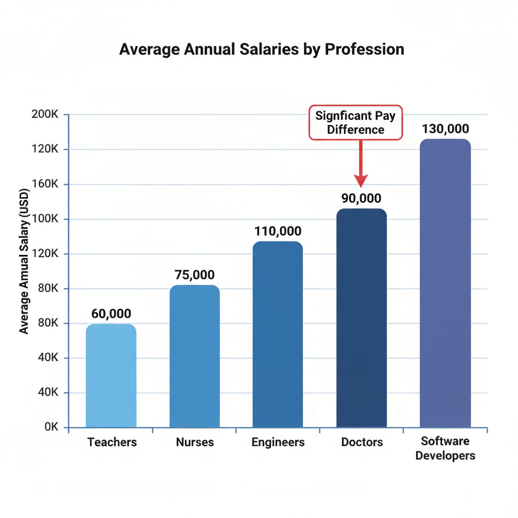 Bar chart comparing the average salaries of different professions including teachers, highlighting teacher salaries, income gap, and teacher shortage