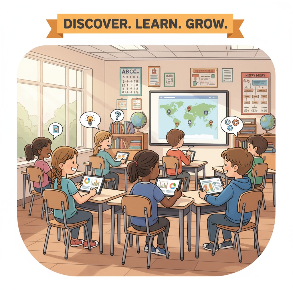 K12 students using tablets for learning in a classroom