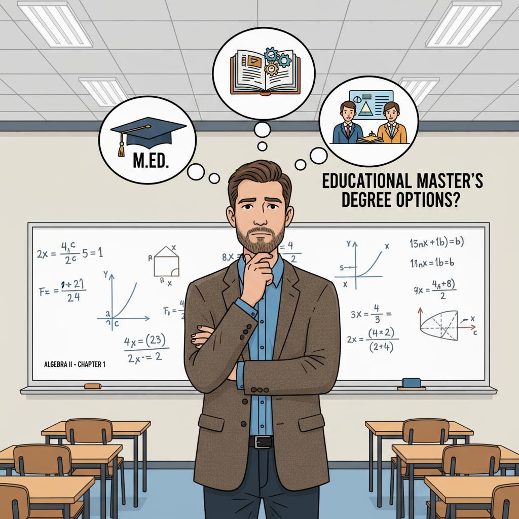 A high school math teacher pondering educational master's degree choices in front of a classroom whiteboard