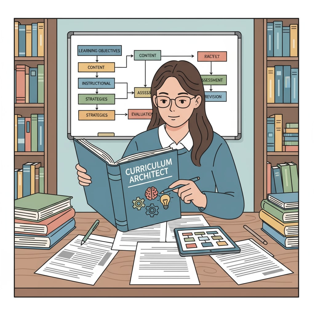 A person working on curriculum design surrounded by educational materials