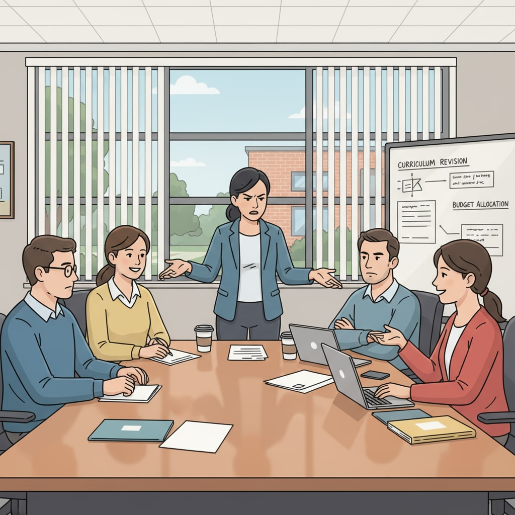 Teachers in a school meeting room, potentially discussing issues related to workplace conflicts, teacher management, and hostile work environments.