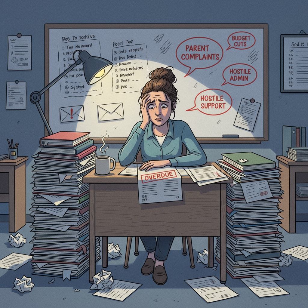 A stressed teacher at a desk, indicating the negative effects of workplace conflicts and hostile work environments.