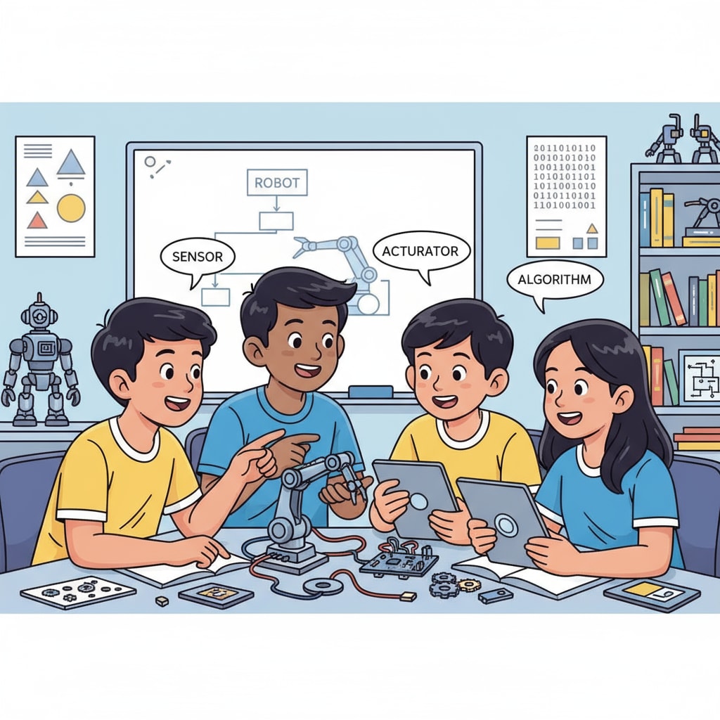 Filipino students discussing robotics in a classroom related to robotics master's, study abroad options, and education costs