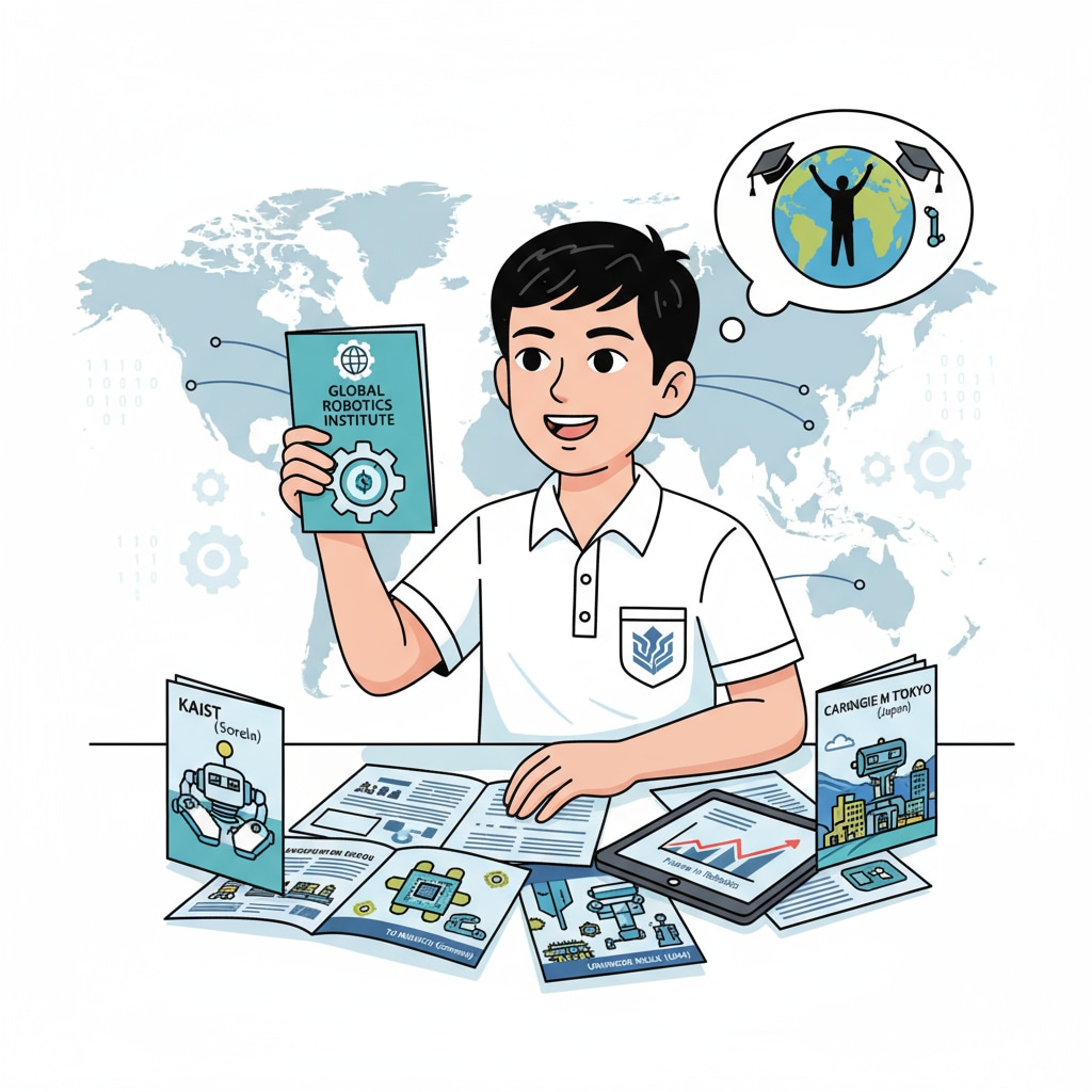 Filipino student looking at international university brochures for robotics programs in relation to robotics master's, study abroad options, and education costs