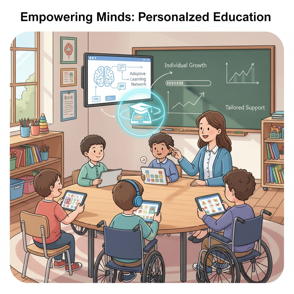 A classroom scene with special needs children and a teacher, highlighting the educational environment where the app can make a difference. A classroom scene related to special needs children, tutoring apps, and user feedback.