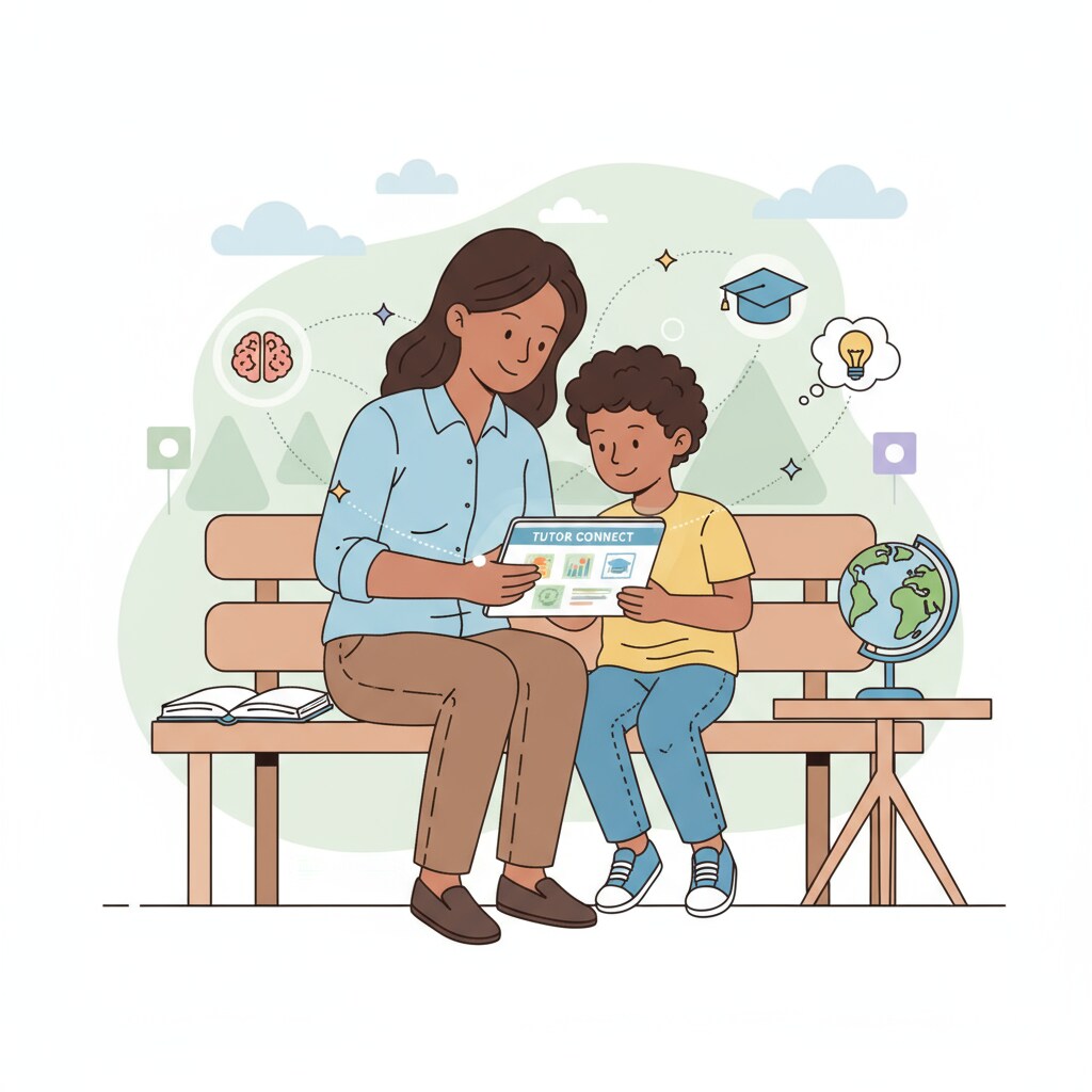 A parent and a child looking at a tablet, symbolizing the interaction facilitated by the tutoring app. A parent-child interaction via a tutoring app, relevant to special needs and user feedback.