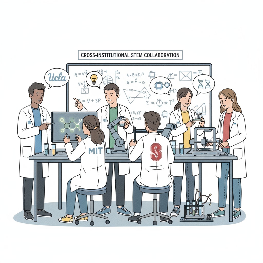 Students collaborating on a STEM project in a shared laboratory, demonstrating cross-institutional collaboration in STEM education.