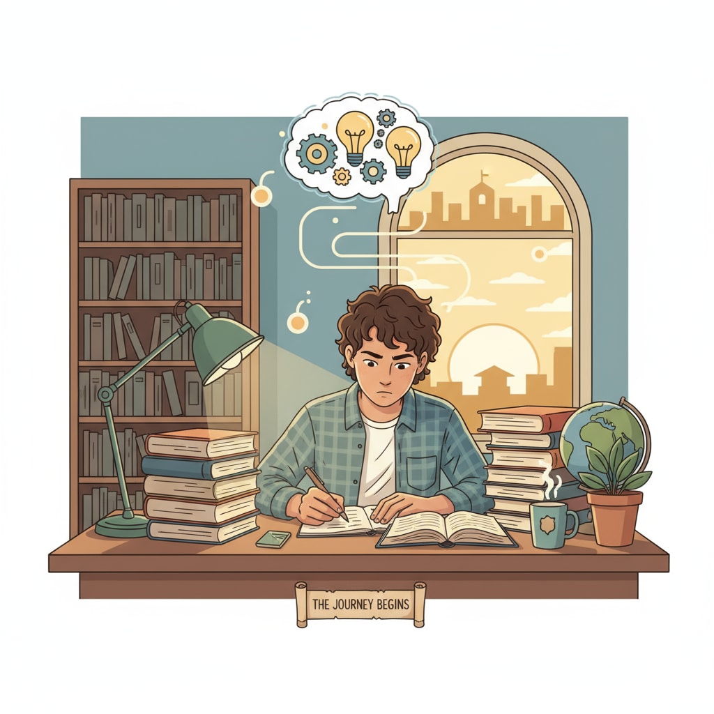A student sitting at a desk, concentrating on books, representing the start of a learning journey A student starting a learning journey related to learning comprehension, ability enhancement, and educational path selection