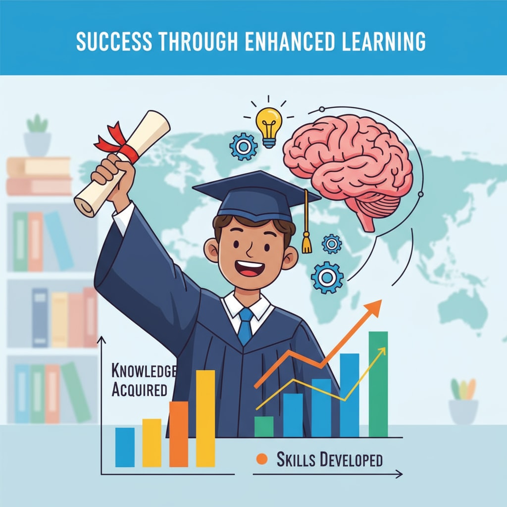 A student with a big smile, holding a diploma, showing the result of improved learning ability A student achieving improved learning ability in the context of learning comprehension, ability enhancement, and educational path selection