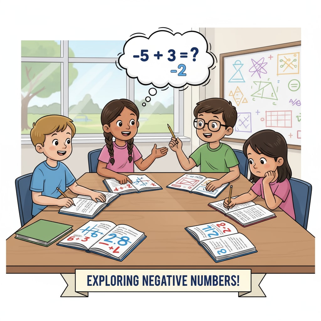 A group of fourth graders are gathered around a table, discussing and solving math problems that involve negative numbers. They have textbooks and notebooks open, and are engaged in animated conversation. Fourth graders discussing math problems related to negative numbers, showcasing their mathematical understanding abilities.