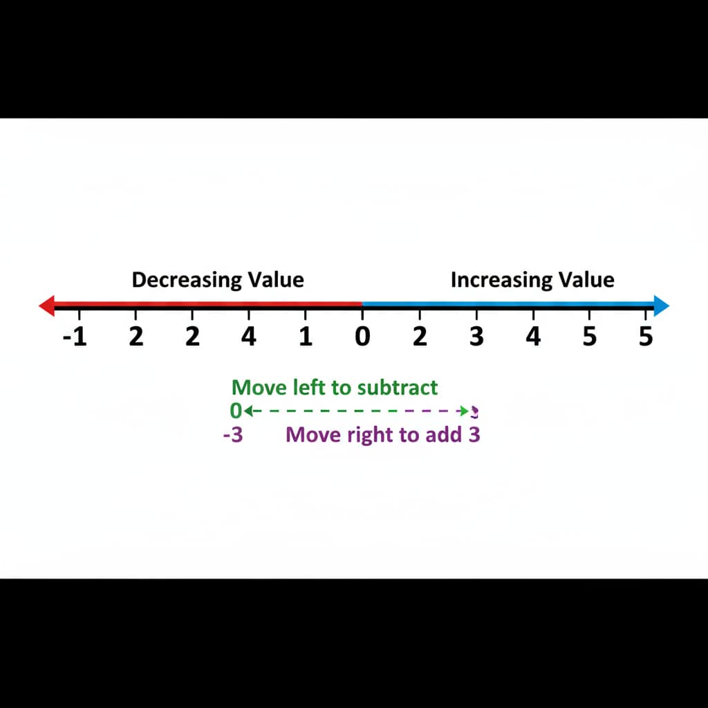 A visual representation of a number line with both positive and negative numbers marked. There are arrows indicating the direction of increasing and decreasing values, making it easier to understand the concept of negative numbers. Visual representation of negative and positive numbers on a number line, aiding fourth graders' understanding of negative numbers in mathematics.