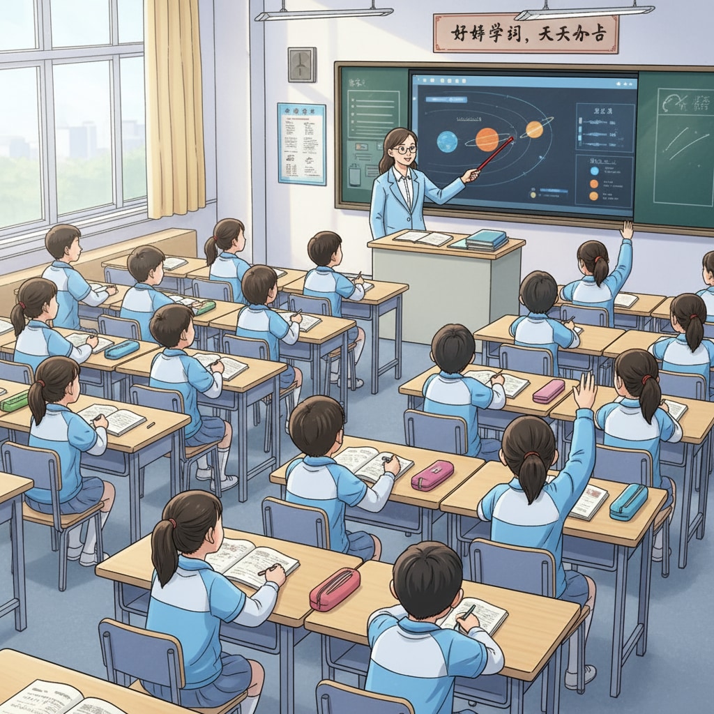 Classroom scene in a Chinese K12 school with students listening attentively, reflecting education systems, cultural differences, and learning pressures