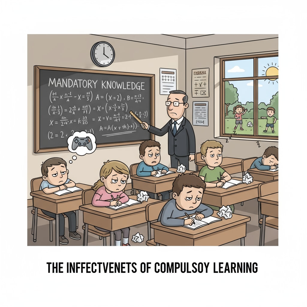 A bored classroom scene depicting the issue of compulsory learning in school systems.