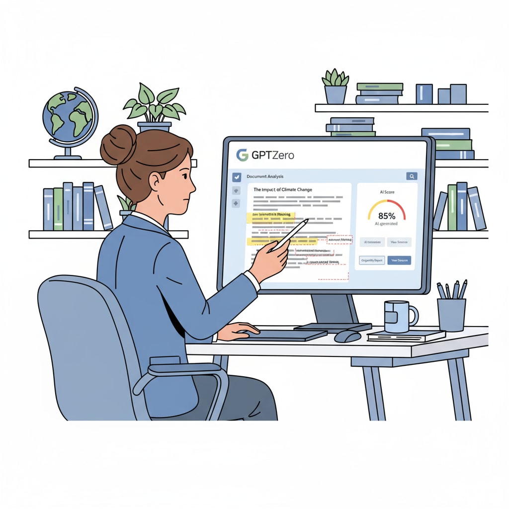 A teacher is sitting in front of a computer, using GPTZero software to check a student's essay. The screen shows the GPTZero interface highlighting potential issues in the text. A teacher using GPTZero for essay grading
