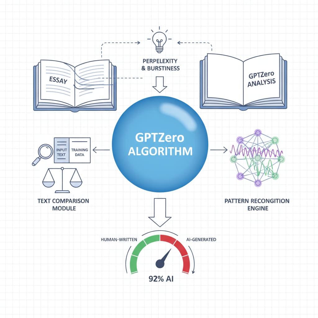 A graphic illustration showing the complex algorithm of GPTZero analyzing an essay. Different elements of the algorithm are depicted, such as text comparison and pattern recognition. Graphic representation of GPTZero's algorithm analyzing an essay