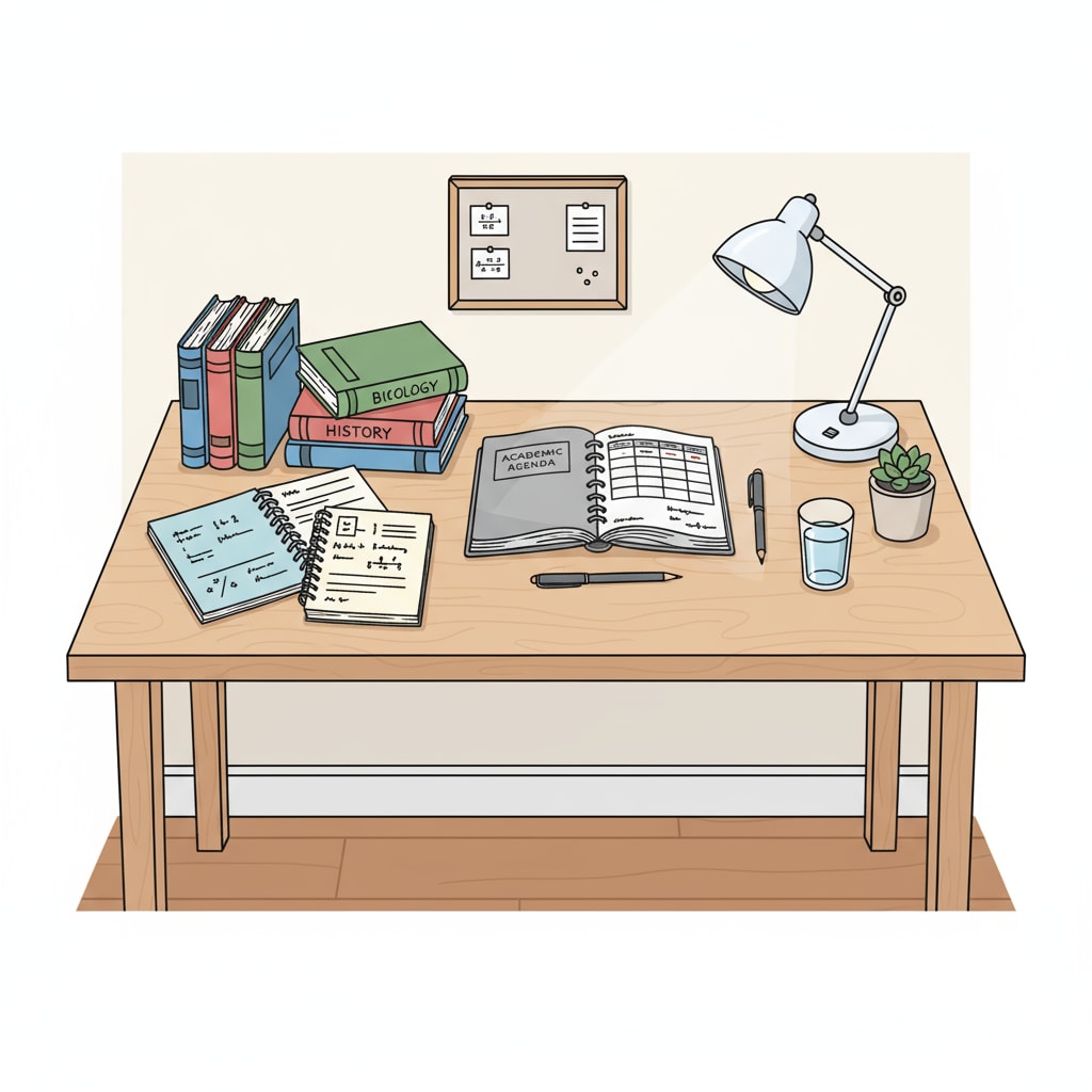 An organized study desk setup for ensuring 90%+ grades through effective learning