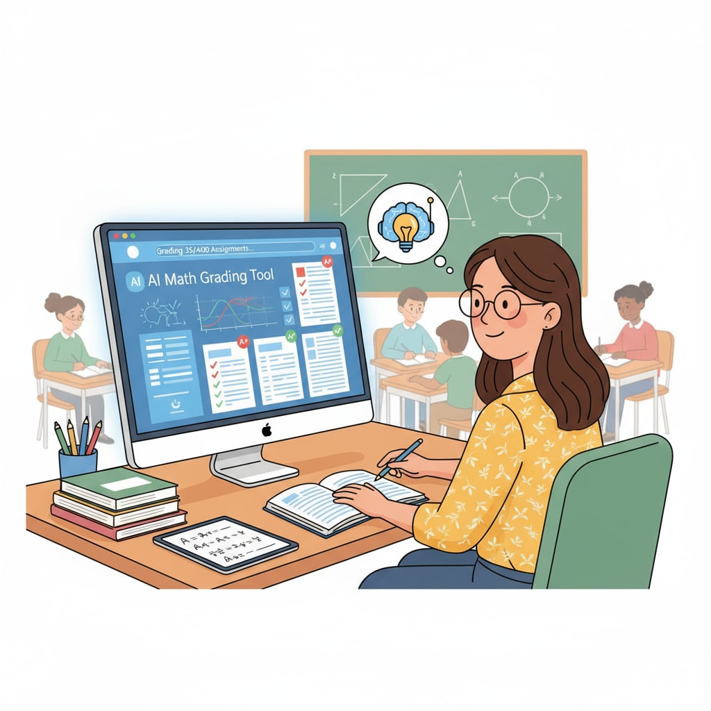 An illustration of a teacher using an AI math grading tool on a computer for grading math assignments, highlighting the impact on teachers' working hours and professional value.