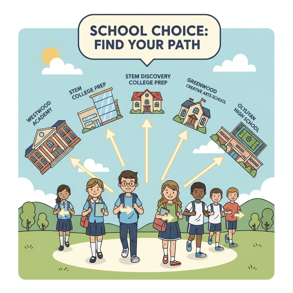 Students walking into different schools as part of school choice in the context of conservative views on education policy