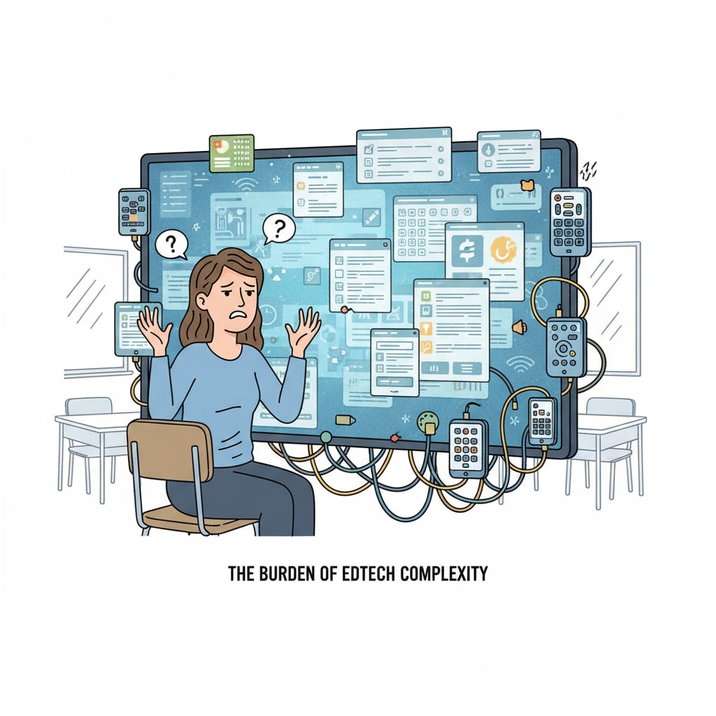 Frustrated teacher with a complex educational technology device related to teacher work, educational technology, and teaching burden
