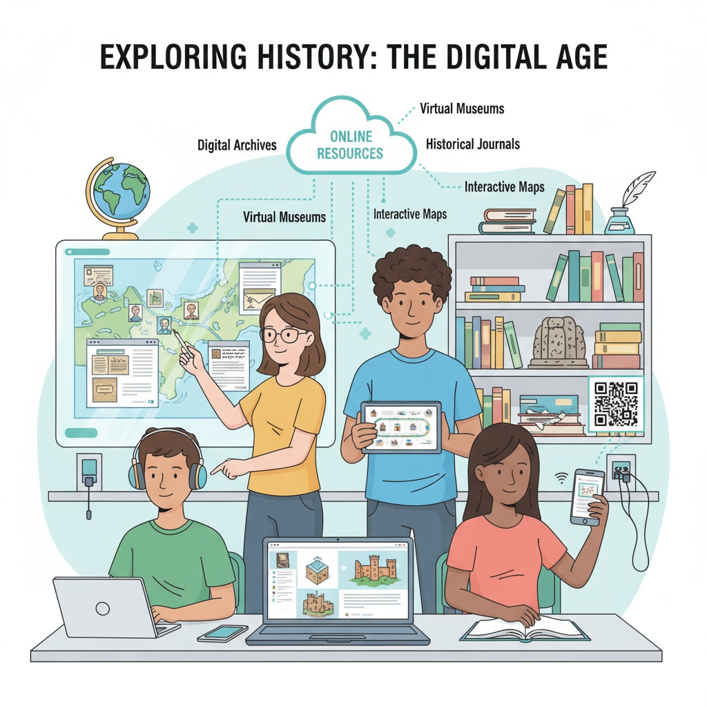 K12 students exploring historical resources on digital devices including history charts, Facebook ads, and resource search