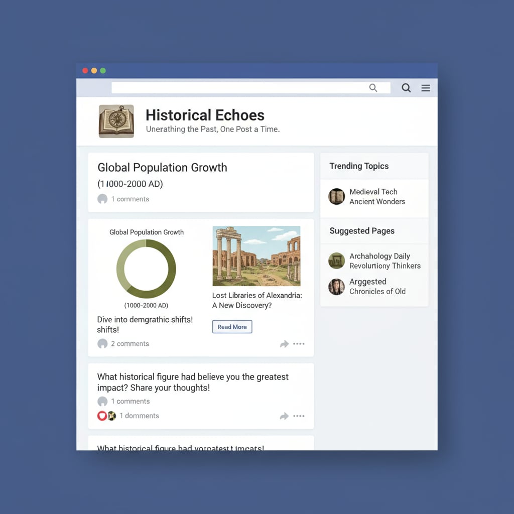 Facebook page with historical content relevant to history charts, Facebook ads, and resource search