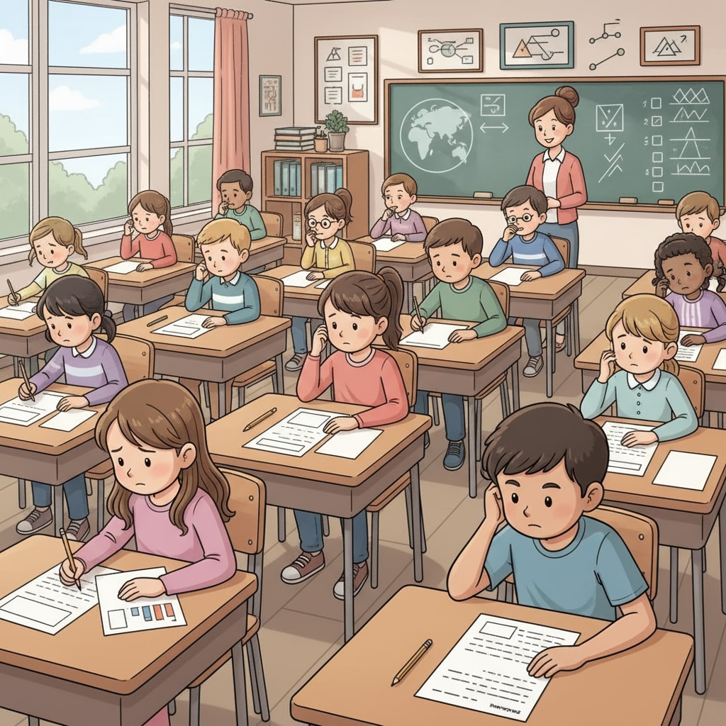 A classroom scene showing students with uncompleted test papers, highlighting datasets, test scores, and outliers