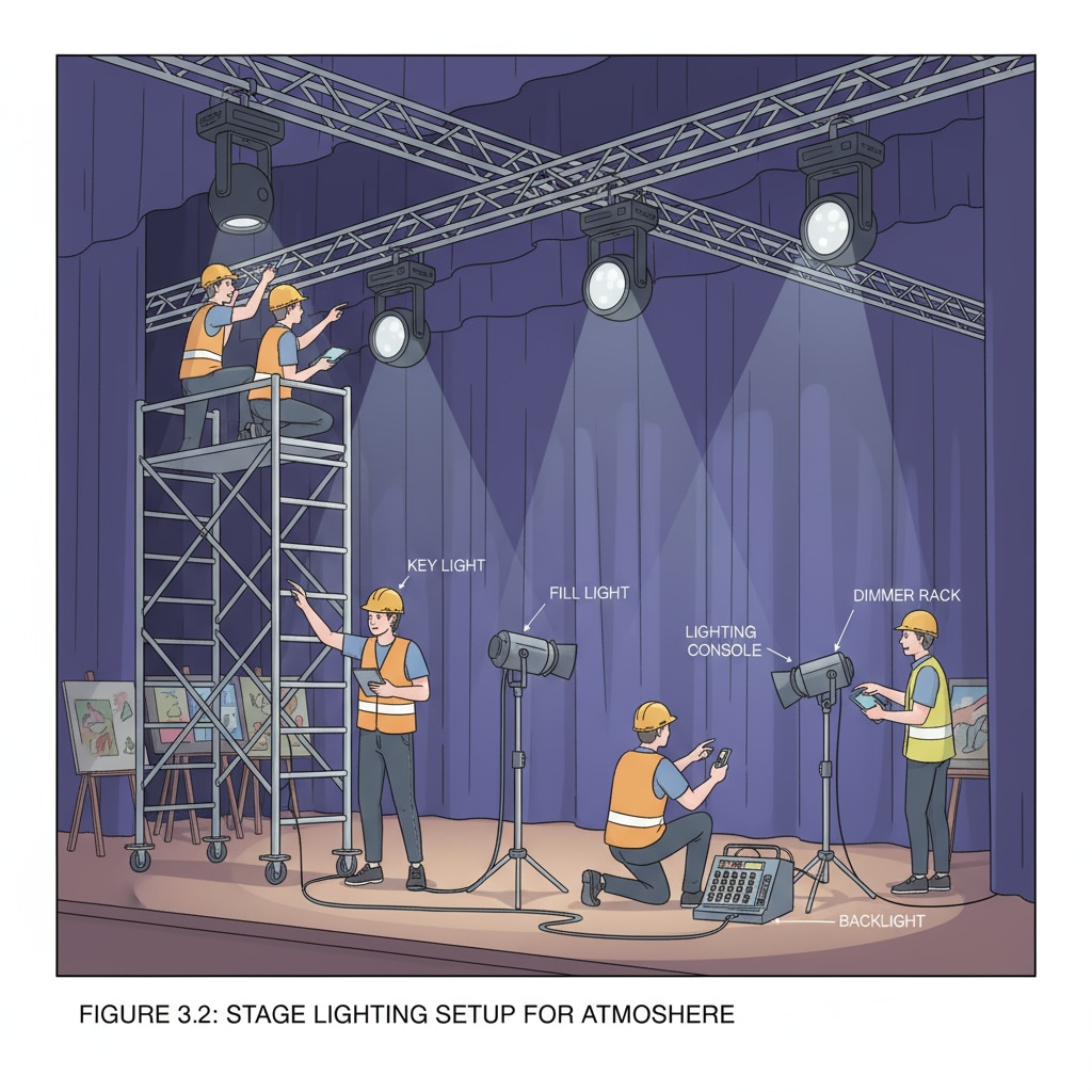 Technical team setting up lighting for school art performance