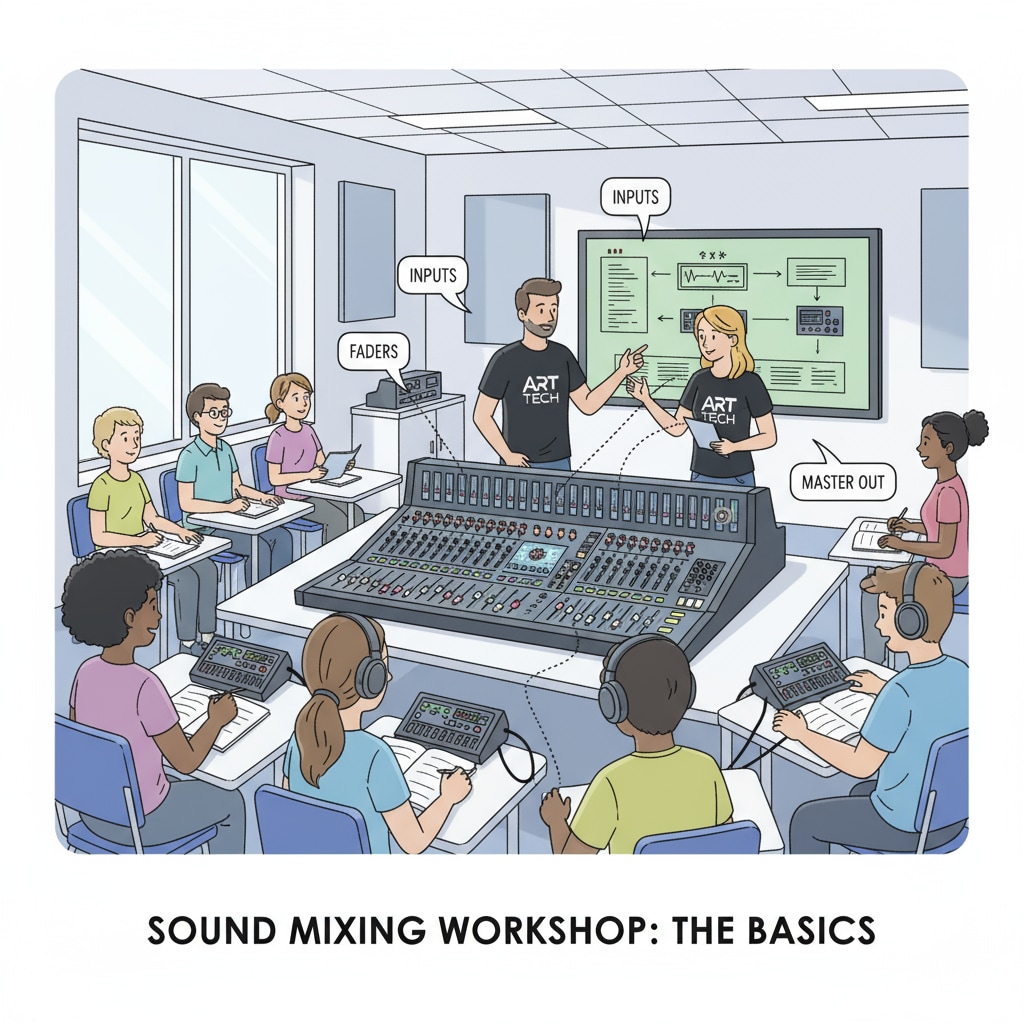 Students learning sound mixing in a workshop by the technical team for school art performances