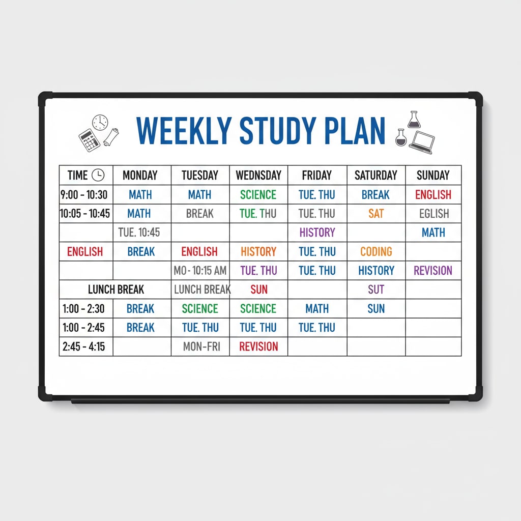 A structured study schedule on a whiteboard to enhance productivity in online learning, related to overcoming procrastination and maintaining mental health.