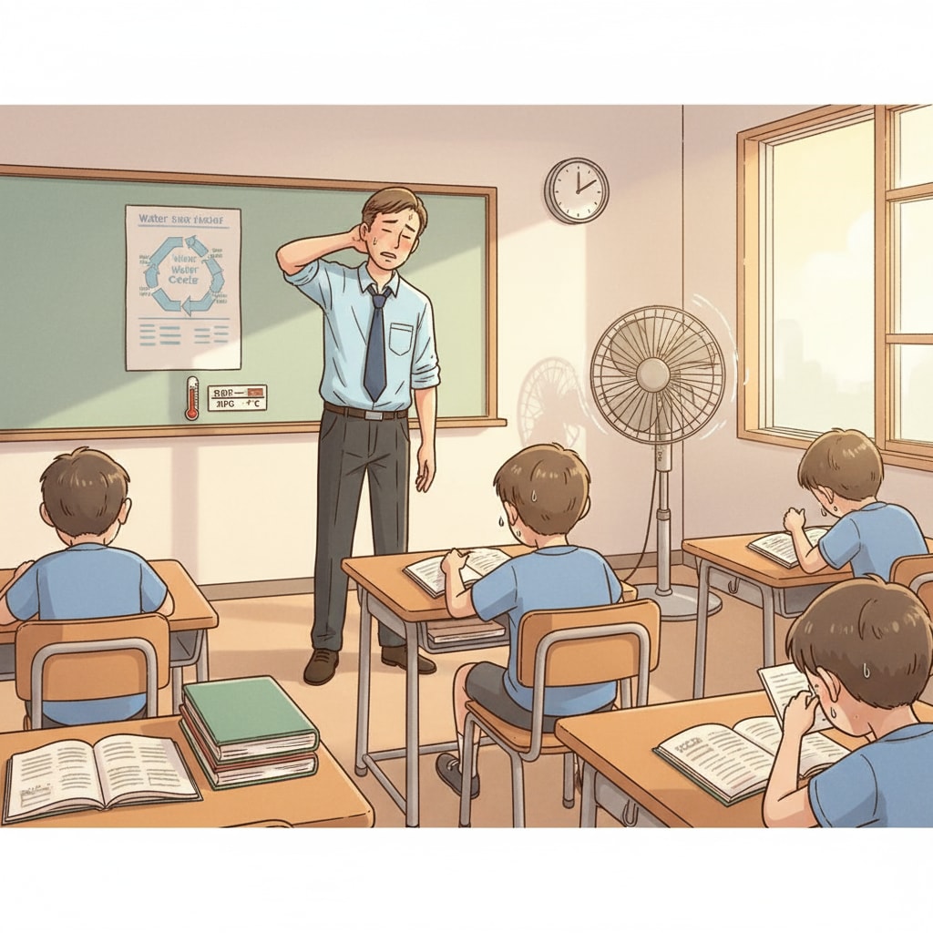 A teacher in a high-temperature classroom with no air conditioning, showing signs of discomfort.