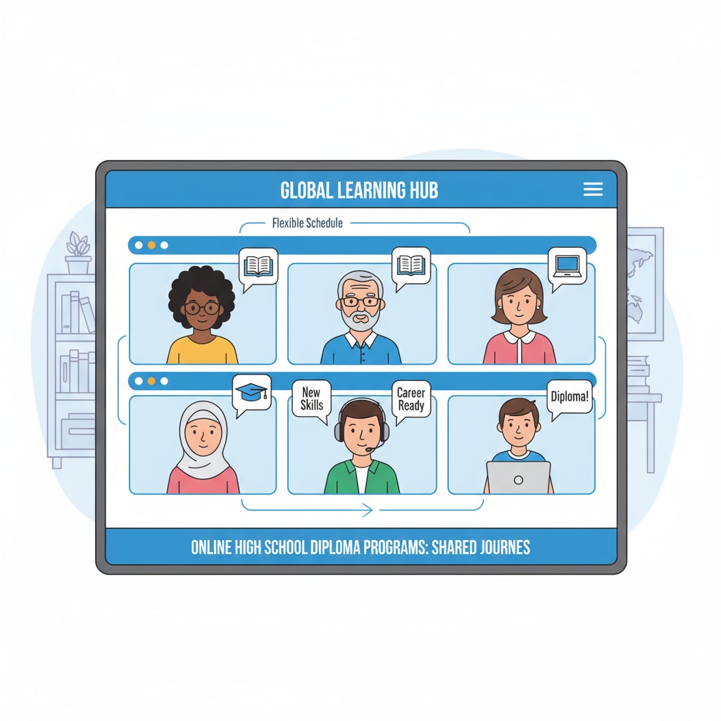 Group of individuals involved in online learning for high school diploma and career development