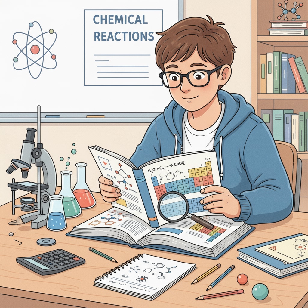 A K12 student reading a chemistry textbook for future degree choices and career planning in chemistry