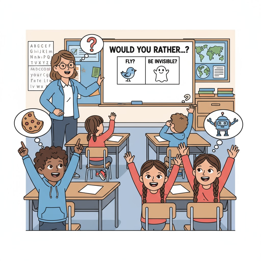 Students participating in a child - safe 'Would You Rather' activity in a classroom
