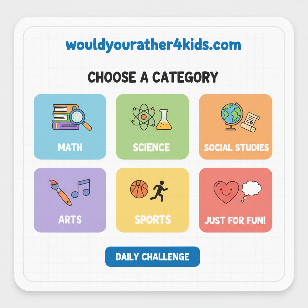 Screenshot of wouldyourather4kids.com with child - safe teaching resource categories