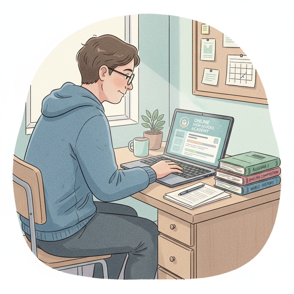 An illustration depicting a low-income adult concentrating on online high school courses at a desk, with a laptop open and books nearby. A low-income adult studying online high school courses
