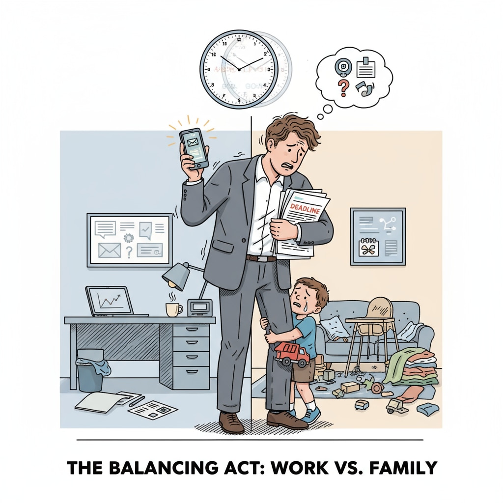 A photograph showing a stressed-out low-income adult juggling a phone, papers related to work, and a child, highlighting the difficulties of balancing work and family responsibilities. A low-income adult struggling with work and family commitments